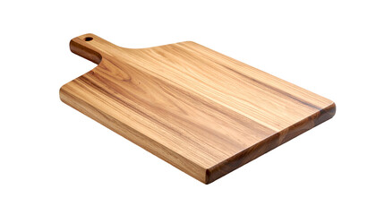 Angled, rectangular wooden cutting board with a handle, on a black background