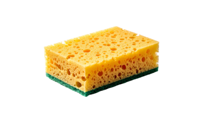 Close-up of a rectangular, porous yellow kitchen cleaning tool with a green scrubbing side