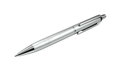 Shiny silver pen with a click mechanism, poised on a black background, angled view