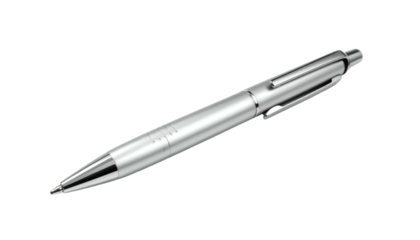 Shiny silver pen with a click mechanism, poised on a black background, angled view