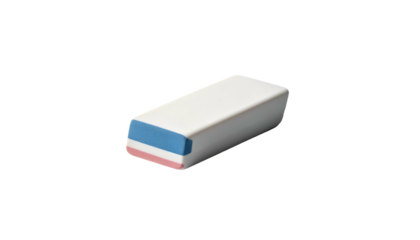 A rectangular eraser with a two-tone blue and pink end, floating on black