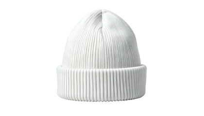 A close-up studio shot of a white ribbed knit cap against a stark black background