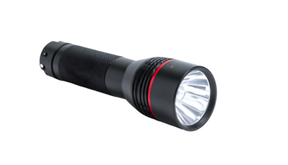 Black cylindrical flashlight with ridged handle and red ring around the light source, isolated