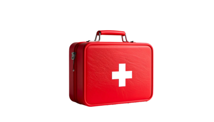 A red medical kit with a white cross, handle, and latches, isolated against a black background