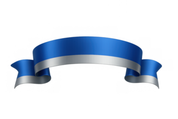 Blue and silver ribbon banner curling, creating a shiny decorative scroll across transparent background