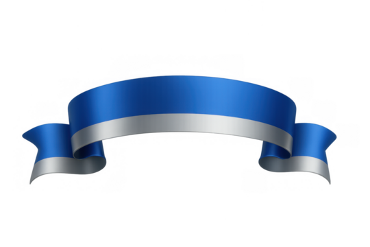 Blue and silver ribbon banner curling, creating a shiny decorative scroll across transparent background - Powered by Adobe