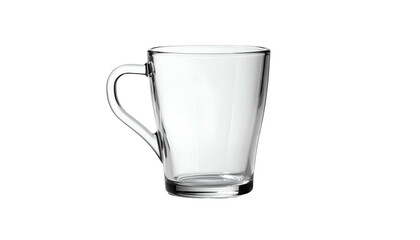 A clear, empty glass mug with a handle, seen against a black background