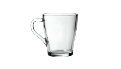 A clear, empty glass mug with a handle, seen against a black background