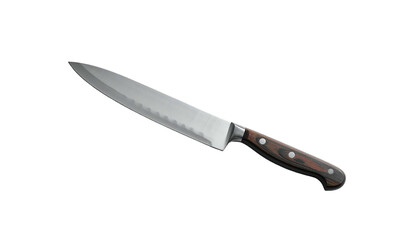 A kitchen knife with a serrated blade and wooden handle against a black background