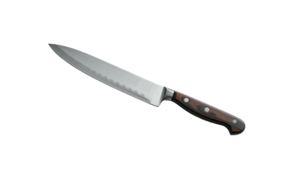 A kitchen knife with a serrated blade and wooden handle against a black background