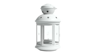 White decorative lantern with a lit candle inside, isolated on a black background