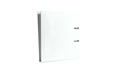 A white upright binder with metal rings, set against a stark black background