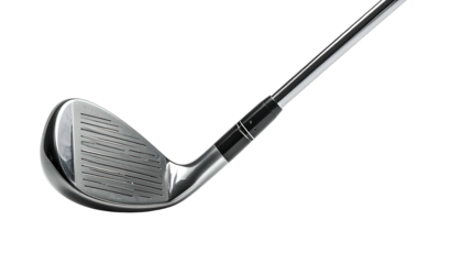 Close-up of a golf club head with a metallic finish, angled against a black backdrop