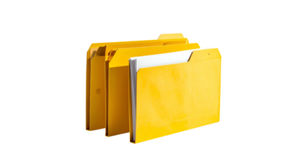Stack of yellow file folders with documents visible, isolated on a black background