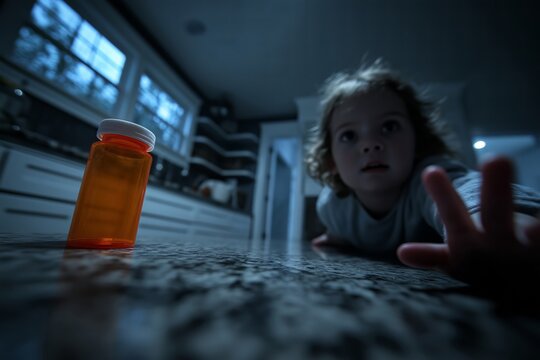 Child Safety Toddler Reaching for a Dangerous Pill Bottle Home Accident Risk
