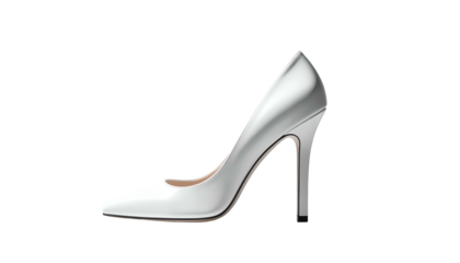 Side profile of a shiny white pump on a black background