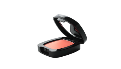 A compact of makeup blush in an opened black case against a black background