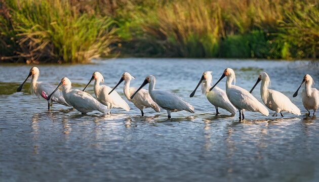 a flock of spoonbills platalea leucorodia are wading and feeding in shallow river water
