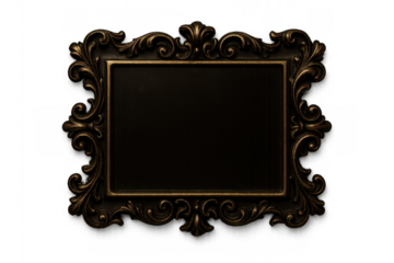Ornate dark antique picture frame with empty space for text or image on transparent background