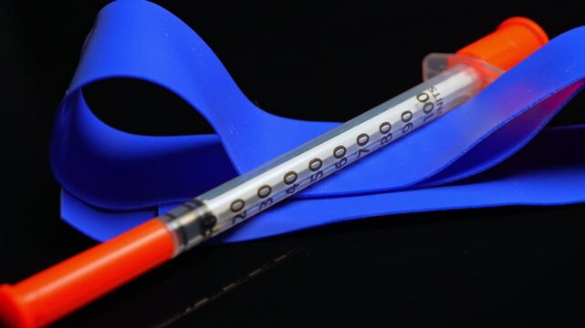 Needle and syringe with tourniquet used to inject drugs into veins, intravenous, muscles intramuscular, and under the skin subcutaneous. Tourniquet used for identifying a vein for injection entry.
