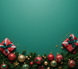 Christmas green background holiday festive presents ornaments pine branches stars sparkle