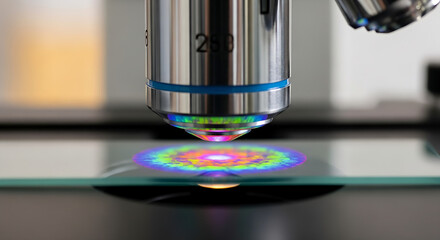Microscope examining a colorful specimen on a slide