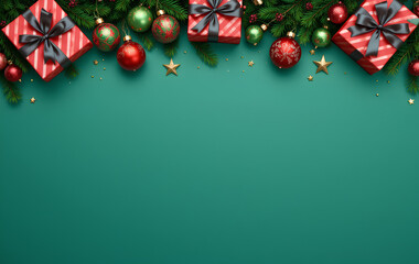 Christmas festive decorations with holiday gifts ornaments on green background pine branches stars sparkle