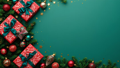 Christmas holiday green background festive scene with gifts ornaments pine branches stars sparkle