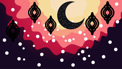 Islamic Night Illustration with Crescent Moon and Lanterns