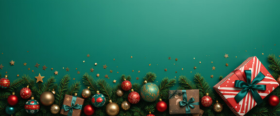 Christmas green background with festive holiday ornaments gifts pine branches stars sparkle