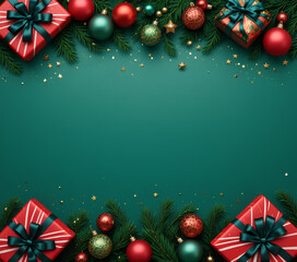 Christmas festive green background holiday gifts ornaments pine branches stars sparkle