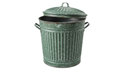 Green speckled metal trash can with lid isolated PNG, vintage garbage container for waste management and home decor projects