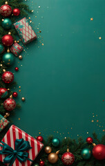 Christmas holiday decorations with festive gifts ornaments on green background pine branches stars sparkle
