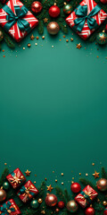 Christmas festive green background with holiday gifts ornaments pine branches and stars sparkle