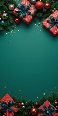 Christmas holiday green background festive decorations with gifts ornaments pine branches stars sparkle