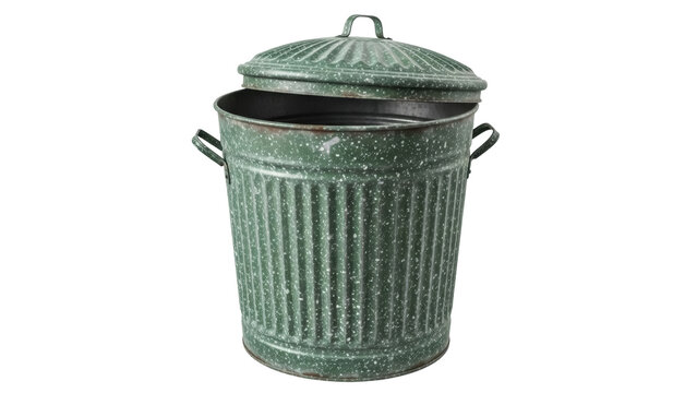 Green speckled metal trash can with lid isolated PNG, vintage garbage container for waste management and home decor projects