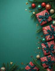 Christmas green background festive holiday decorations with presents ornaments pine branches and stars sparkle