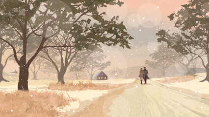 Countryside landscape in autumn season with couple of lover walking together on the track