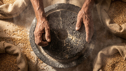 Elderly hands grinding wheat using traditional stone mill Raha