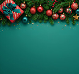 Christmas holiday green background with festive gifts ornaments pine branches and stars sparkle