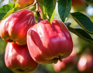 fresh vibrant rose apples dangle from a lush tree in a sunny orchard