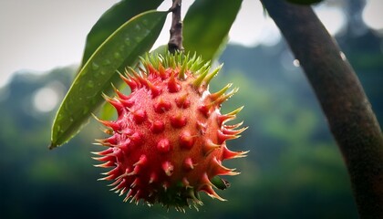 juicy red exotic fruit with green spikes hangs from a branch