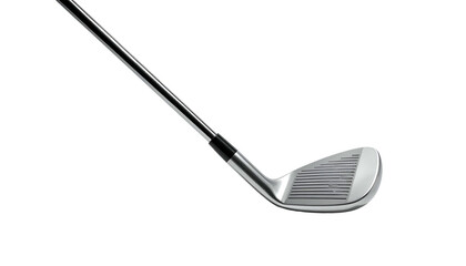 A golf club's iron head, shaft, and grip are angled against a dark backdrop