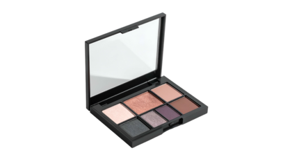 Open eyeshadow palette with mirror, six colors, in a black compact, isolated on black
