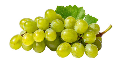 A close-up of a bunch of green grapes with a leaf on a black background