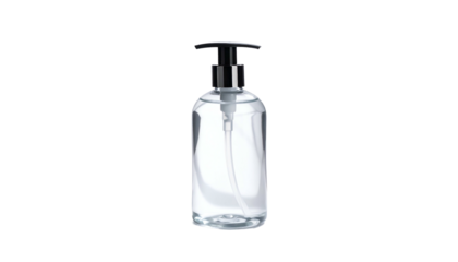 Transparent liquid in a pump bottle, isolated on black background, clean design