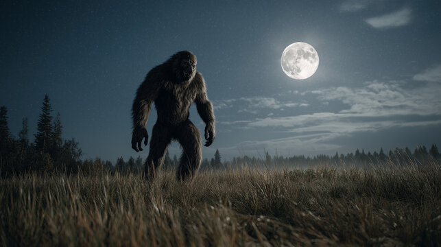  Werewolf standing alone in a moonlit meadow under a full moon