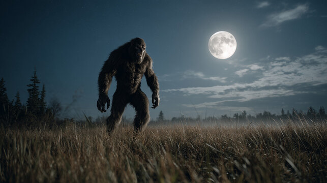  Werewolf standing alone in a moonlit meadow under a full moon