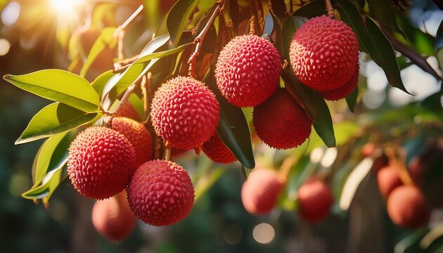 ripe red lychee fruit hangs from a tree branch in warm sunlight