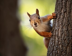 surprised squirrel cautiously peeks around corner concept close up of a curious squirrel peeking from a tree hollow